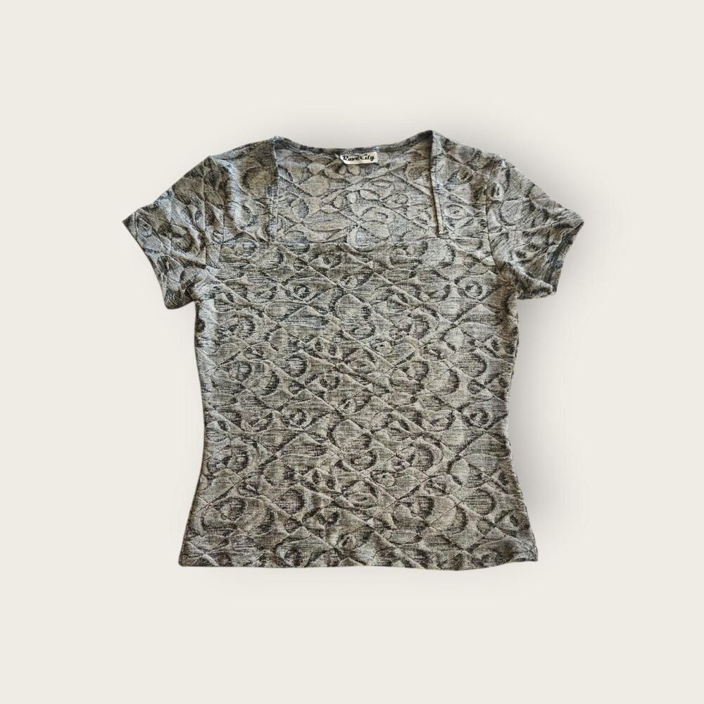 Vintage Y2k early 2000s Rave City silver square neck cropped baby tee
